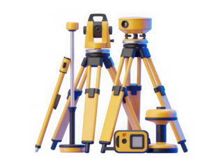 Surveying equipment group with theodolite and total station on tripod isolated on transparent background