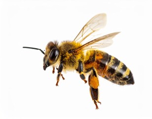 Bee close view over white background, no shadow
