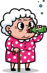 Funny cartoon grandmother with white hair and a cane, dressed in polka dots, enthusiastically drinking from a small green bottle with bubbles escaping into the air.
