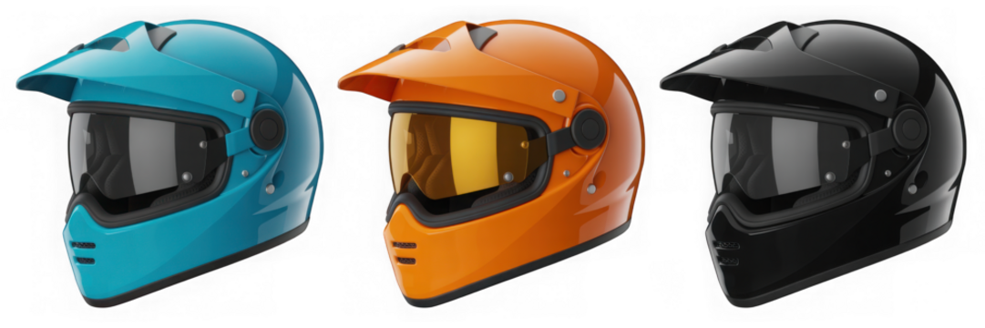 3D Plastic Style Futuristic Helmets Collection in Bright Colors Isolated on Transparent Background with Glossy Finish