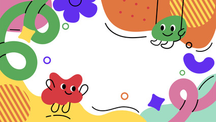 Children background with playful abstract shapes and cute child characters. Colorful child frame for kids posters, banners, preschool materials, templates, educational design and birthday invitations.