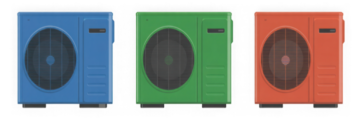 Three modern air conditioning units in blue, green, and orange for cooling isolated on transparent background