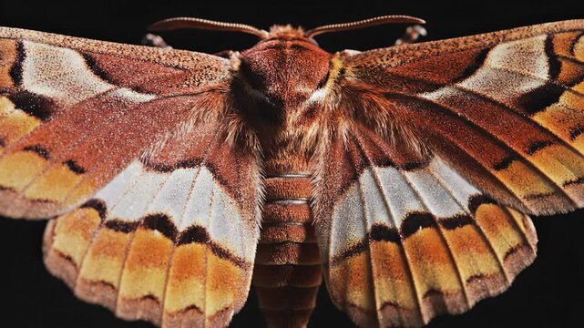 Intricate wing pattern of a large insect on black background macro view
