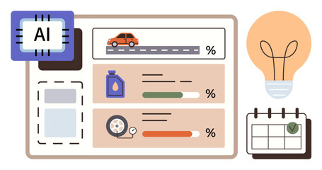 AI module analyzing car performance data, oil levels, tire pressure, and schedules. Ideal for transportation, monitoring, data analysis, AI technology, automotive trends optimization simple flat