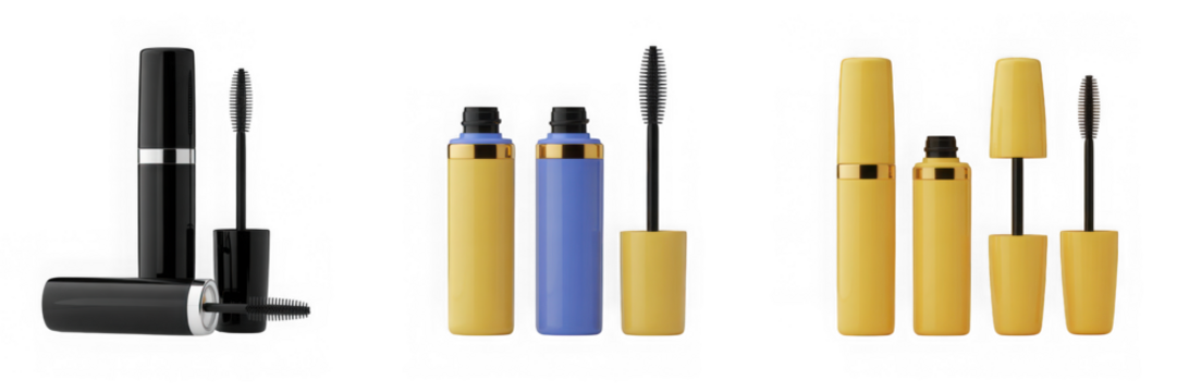 Cosmetic mascara tubes and applicators on white background studio shot isolated on transparent background