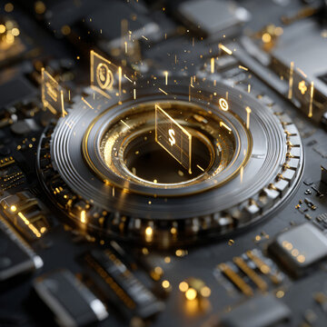 Modern secure banking concept with a close-up of a digital vault door surrounded by glowing holographic financial icons, metallic textures, premium clean lighting