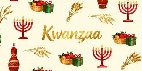 Kwanzaa holiday celebration background with traditional symbols. Festive illustration pattern with Kinara, gifts, and harvest fruit. Cultural greeting card design