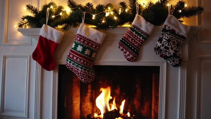 Cozy christmas hearth with glowing fireplace and festive stockings by candlelit mantel - Powered by Adobe