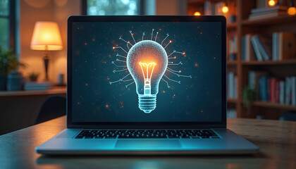Laptop displays light bulb icon. Concept for new idea or solution. Screen glows with tech symbol, brainstorming online learning. Digital education and innovation for student success in technology era.