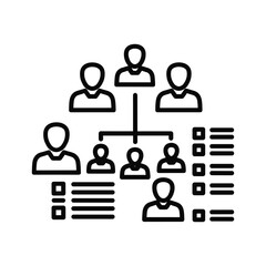 Business organization structure with people icons and task lists representing hierarchy