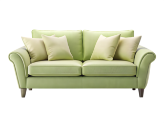Comfortable light green two seater sofa with four cream cushions isolated on white background
