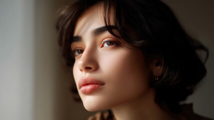 Fototapeta premium Natural beauty portrait of young woman with soft curls and glowing skin, gazing thoughtfully by a window in warm indoor light, capturing tranquility and grace.