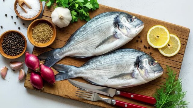 Fresh dorado fish prepared with lemon, herbs, garlic, and spices on a wooden board for cooking 4k high quality footage