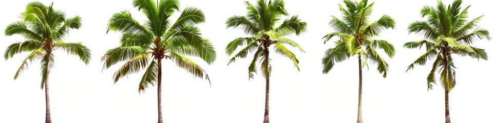 Fototapeta premium Isolated Coconut Palm Trees Standing Tall with Green Fronds on White Background Tropical Island Paradise Vacation