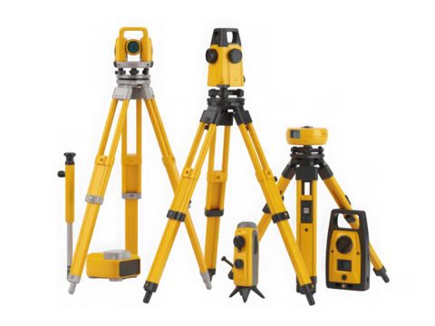  3D Plastic Style Surveying Equipment Set with Yellow Tripods and Leveling Instruments on Transparent Background