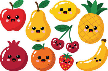 Super Cute Kawaii Fruit Character Vector Set Featuring Happy Apple, Pineapple, Lemon, Cherries, Banana, Pomegranate, and Orange with Smiling Faces.