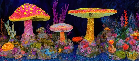 A Surreal, Psychedelic Panorama of Giant Glowing Mushrooms in a Neon Coral Reef Wonderland