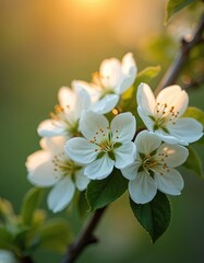 Obraz premium White apple blossoms open on tree branch in warm sunset light. Soft green blurred background with golden sun flare. Spring awakening, natural beauty.