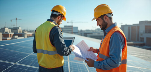 Two engineers wear hard hats, safety vests. They inspect solar panels on a rooftop. One man uses laptop, other reviews papers. They manage clean green energy project in an urban city environment.