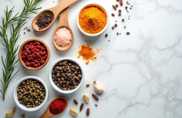 Assorted organic spices, fresh herbs on white marble table. Bowls, wooden spoons hold colorful seasoning like turmeric, paprika, pink salt, various peppercorns. Rosemary sprigs, garlic cloves, star