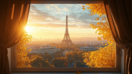 Obraz premium Parisian View Through Window: Gaze upon the iconic Eiffel Tower bathed in the soft glow of dawn, framed by a window and warm autumnal foliage, inviting a sense of peace and a whisper of wanderlust.