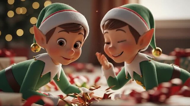 Animated elves sharing secrets with a christmas tree in the background, magical holiday