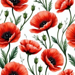 Obraz premium Watercolor red poppies seamless pattern on isolated white background. Floral illustration with blooming flowers, green leaves, buds. Botanical drawing for nature inspired fabric print, textile