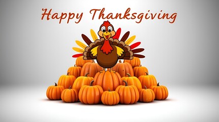 Thanksgiving vector featuring a joyful cartoon turkey, pumpkins, and warm seasonal colors, isolated on a white background