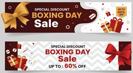 boxing day sale special discount horizontal banner set with gift boxes and elegant ribbon bows vector illustration