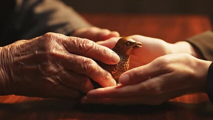 Wrinkled elderly hands gently passing a carved wooden bird to younger hands, symbolizing intergenerational heritage concept and family legacy