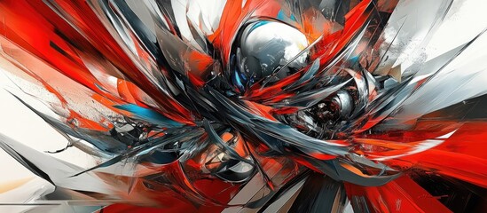 Abstract Explosion: Dynamic Red, Silver, and Black Digital Artwork