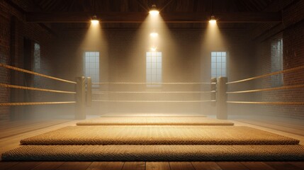 Serene and Atmospheric Boxing Ring Surrounded by Soft Light and Mist in Vintage Training Gym with Exposed Brick Walls