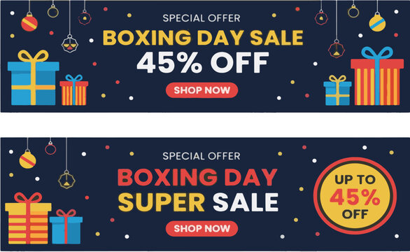 boxing day sale super sale special offer horizontal banner set with christmas gift boxes and ornaments vector illustration