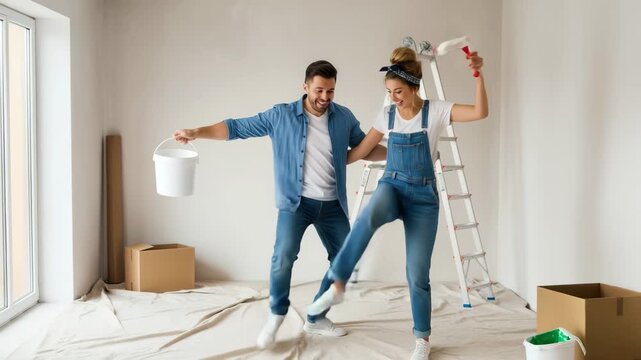 Joyful couple happily renovating home interior, ready for a vibrant makeover project 4k high quality footage