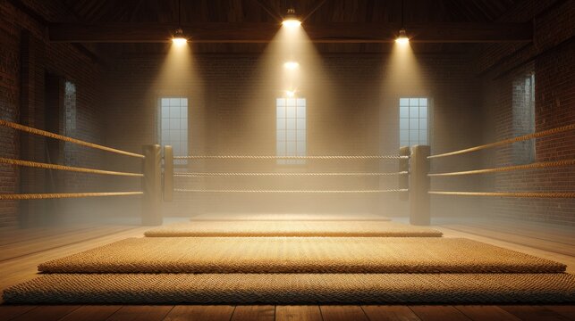 Serene and Atmospheric Boxing Ring Surrounded by Soft Light and Mist in Vintage Training Gym with Exposed Brick Walls