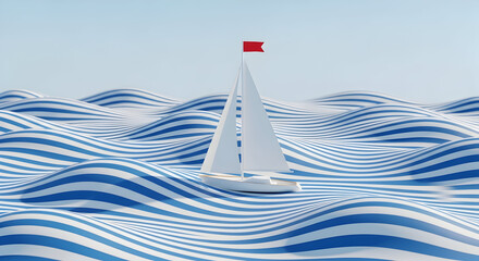 A solitary white sailboat navigates choppy, stylized blue and white striped waves under a clear sky