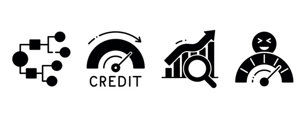 Obraz premium Credit score analysis and improvement icons in black and white design
