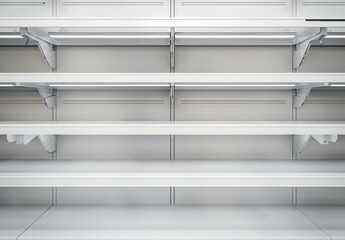 Empty white shelves in a store or supermarket, eye level view, retail space, product display, clean design