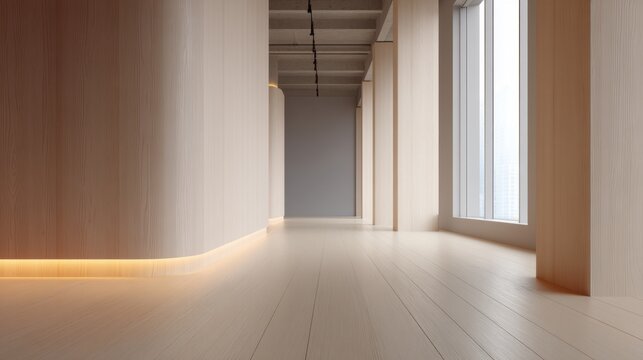 Modern interior hallway with wooden walls and bright natural light, showcasing elegant design and minimalistic style suitable for various uses