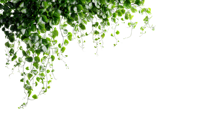 Dense green trailing vine hanging from top left, thinning into delicate tendrils across the top with generous negative space.