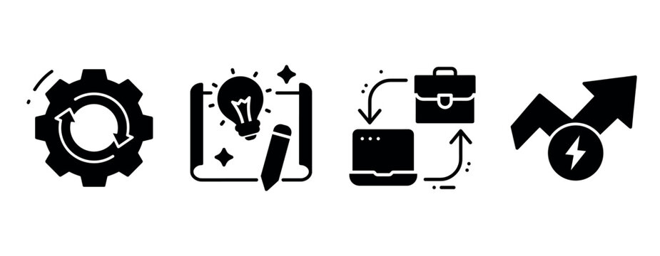 Innovative business icons: gear, lightbulb, briefcase, graph arrows