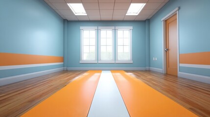 Obraz premium Bright and Spacious Empty Room with Wooden Floors and Colorful Accents Featuring Large Windows and Natural Light