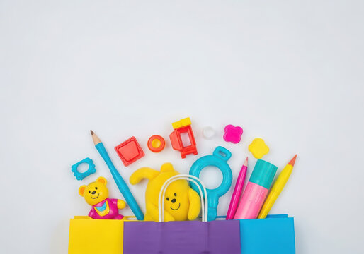 Colorful collection of children s toys and school supplies in a box