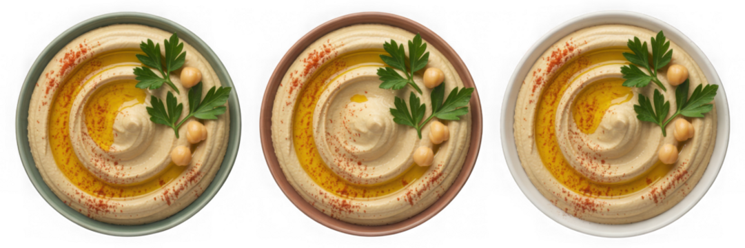 Three bowls of delicious hummus with olive oil, paprika, chickpeas and parsley garnish isolated on transparent background - Powered by Adobe