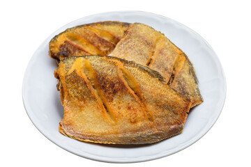 Thai-style fried snakeskin gourami served on a plate, showing crispy golden-brown skin and appetizing texture, isolated on transparent background.