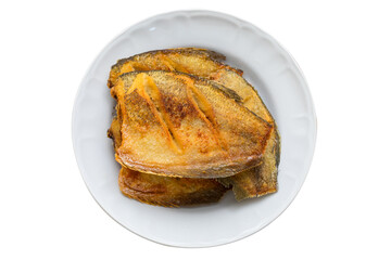 Thai-style fried snakeskin gourami served on a plate, showing crispy golden-brown skin and appetizing texture, isolated on transparent background.