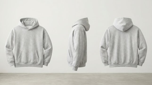 Three gray heather hoodies mockup displayed in a clean studio setting