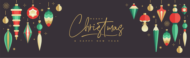 Holiday Christmas poster or banner with tree toys, baubles, knick knacks, pine cones and decorations. Christmas greeting card design. Vector illustration.