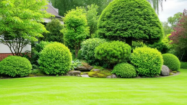 Lush green garden with manicured bushes and vibrant lawn, perfect for serene outdoor living. 4k high quality footage