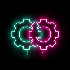 Two neon glowing gear icons, intertwined in turquoise and pink lights on a dark background. Concept of settings, integration, teamwork, engineering, and digital solutions.